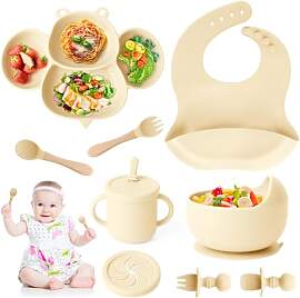 Silikon Baby Geschirrset,Beige,Rutschfest