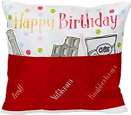 Sofahelden Happy Birthday rot mit Taschen und Deko
