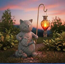 Solar Gartenfigur Katze mit LED-Heißluftballon