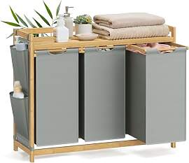 SONGMICS Wäschekorb 3 Fächer, Bambus,