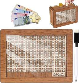 Spardose aus Holz, Sparziel und Zahlen zum