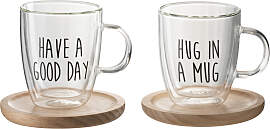 Tasse & Untertasse mit Text Glas/Holz 2er Set