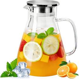 Teekanne Glas 1700 ml, Glaskaraffe mit Deckel,