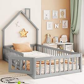 TOBIDOEN Kinder Hausbett 90x200 Bodenbett mit