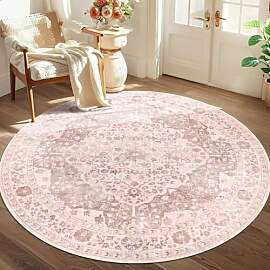 TUKDAK Vintage Teppich Wohnzimmer Rund 120cm, Rosa 