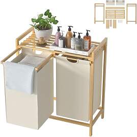 UISEBRT Bambus Wäschekorb mit 2 Fächern, 72L