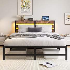VERFARM Bett 140x200 cm mit LED, Metallbett mit