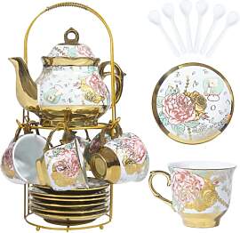 Vergoldete rote Rose Keramik Teeservice Vintage