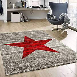 VIMODA Rot Trendiger Kurzflor Teppich, Sternmuster 