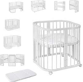 Waldin Babybett aus Holz 7in1 mit Matratze,