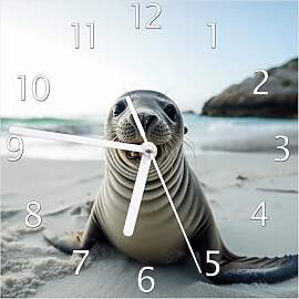 Wallario Design-Wanduhr Robbe am Strand aus Glas,