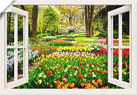 Wandbild ARTLAND "Fensterblick Tulpen Garten