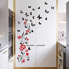 Wandtattoo Blumen mit Schmetterlingen, Rot und