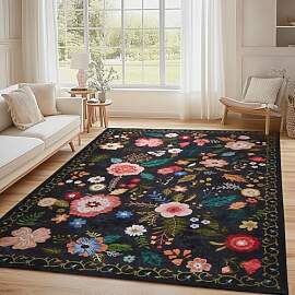 Waschbarer Wohnzimmerteppich, Vintage Blumenmuster 