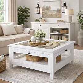 Weißer Landhaus-Couchtisch mit Glasfenstern