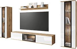 Wohnwand Caro Eiche Wotan/Weiß Hochglanz