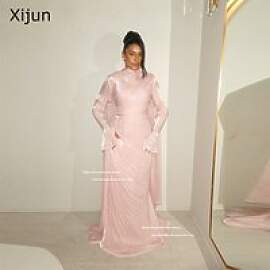 Xijun Modest Rosa Lange Abendkleider Volle Ärmel