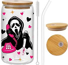 Yamobi Halloween Glass Cup with Lid and Straw, 16