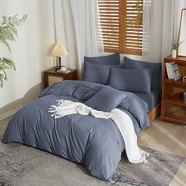 YASMENG Halbleinen Bettwäsche 200x220 Grau Blau