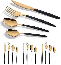 YDware Besteck Gold Schwarz, 16 Stück Schwarz