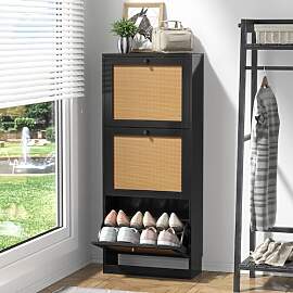 Yvsevnr Schwarz Schuhschrank mit 3 Rattan Klappen, 