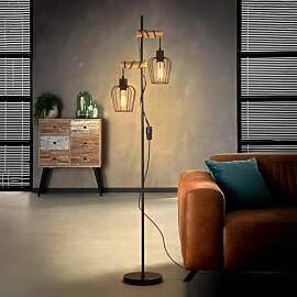 ZMH Stehlampe Wohnzimmer Holz Stehleuchte Schwarz